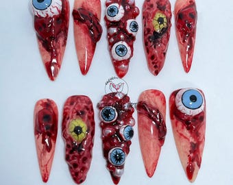 Bleeding Evil Eye Press On Nails, Scary Halloween Nails, Hand-painted Fake Nails for Spooky Halloween Lover, 3D Gel Nails, Halloween Nails.
