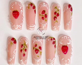 Handmade Strawberry Lover Press On Nails, Custom Fake Nails, Glue On Nails, Pink Nail Set, Glue On Nails, Summer Press On, Birthday Nails.