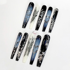 Crystal Black Butterfly Press On Nails, XXL Long Coffin Nail Set, Handmade Silver Accent Nails, Look Special Fake Nails For Everyday, Nail.