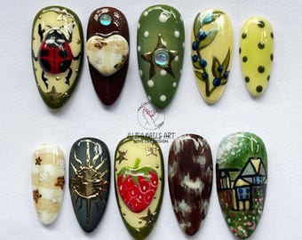 Spring Cottagecore Press On Nails, Unique Almond Nails with Ladybug, Strawberry, Floral Nail Art, Nature Green False Nails for Spring Lovers