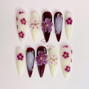 Custom Purple Floral Press On Nails, Dreamy Fake Nails, Hot Trend Summer Nail Set, 3D Flowers Nails Art, Look Fresh False Nails For Everyday