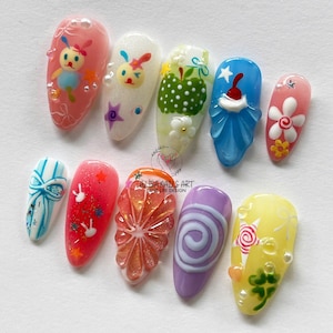 Handmade Press On Nails with Cute Bunnies, Fruits, 3D Kawaii Nail Art Set, Fantasy Nails, Colorful Cartoon Nails for Girls Gift & Fun Look.
