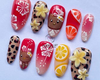 Handmade Tropical Press On Nails: Hibiscus & Citrus Nail Art