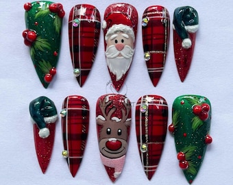 Christmas Press On Nails, Long Stiletto Nails with Santa, Reindeer & Plaid - Festive Nail Art Gift Set, Limited Edition Xmas Nails, Gifts.