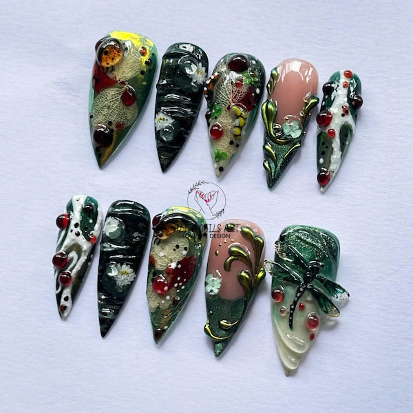 Forest Fantasy Press On Nails, Long Stiletto Nail Set with Dragonfly, Mushrooms & Dark Green Nature Nail Art, Unique Spring Fake Nail Set.