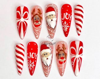 Santa Claus Lover Nails Press On, Reindeer Fake Nail Set, Winter Press On Nails, Luxury Stiletto Nail Set, Crystal Christmas Gift Fake Nails