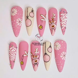 Handmade Cute Reindeer Press On Nails, Pink Matte Long Stiletto Nail Set With Snow Winter, Bell, Custom Fake Nails for a Christmas-Chic Look