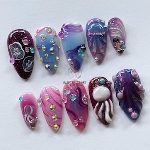 Purple Ocean Inspired Press On Nails, 3D Beach Theme Fake Nails with Jellyfish, Gemstone Accents, Handmade Press On Nails for Summer Vibes.