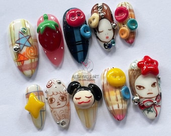 Unique Yoshitomo Nara Press on Nails, Handmade Japanese Fake Nail