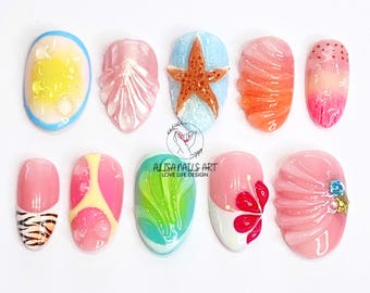Custom Tropical Beach 3D Short Press On Nails, Ocean-Inspired Nail Designs with Flower, Seashell, Starfish, Gel Nail, Handmade Nail Press On