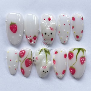 Red Straberry Press On Nails, Valentine Almond Nail Set, Cute Miffy Nails, Romantic Fake Nails, White Nails, Spring Nails, Gift for her.