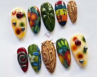 Artistic Press On Nails, Hand Painted Nature & Ladybug Nail Set, Colorful Music Note Nails, Boho Cottagecore Nails, Unique Custom Nail Art