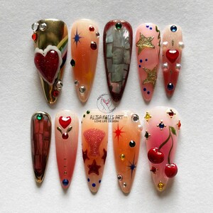 Radiant Halo Press On Nails, Long Almond Fake Nail Set with Cherry, 3D Red Heart For Romantic Valentine&#39;s Day, Star Nail, Valentine Nail Art