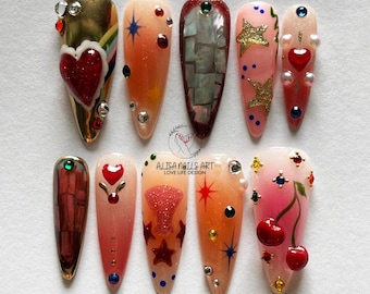 Radiant Halo Press On Nails, Long Almond Fake Nail Set with Cherry, 3D Red Heart For Romantic Valentine's Day, Star Nail, Valentine Nail Art
