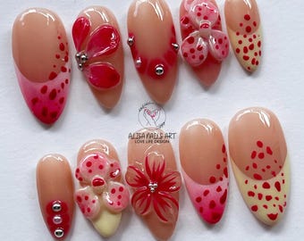 3D Orchid Press On Nails, Almond Nail Set with Flower, Charms, French Tips Nails, Spring Nails, Summer Nails, Reusable Fake Nails, Gifts.