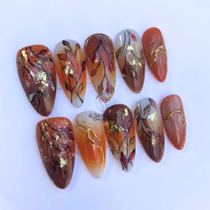 Warm Tones with Elegant Floral Press On Nails, Autumn Glow Nail Press On, Brown Nails, Freestyle Sunset Autumn Inspired Nails, Gel Fake Nail