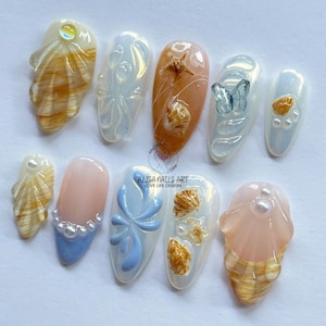 Handmade Ocean Breeze Press On Nails, Seashell Starfish Mermaid Nail Art, Beach Summer Sea Theme Nail Set, Summer Nails, Holiday/Party Nails
