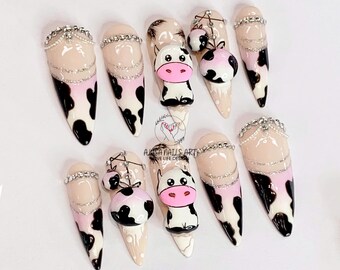 Unique Miss Cow Press On Nails, Glitter Christmas Long Stiletto Nail Set, Christmas Nail, Xmas Press On Nails, Winter Nails, Snowflake Nails