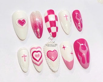 Juego de uñas de cristal para San Valentín, uñas postizas My Heart, arte de uñas con corazones interconectados, uñas postizas frescas para el regalo del día de San Valentín para ella