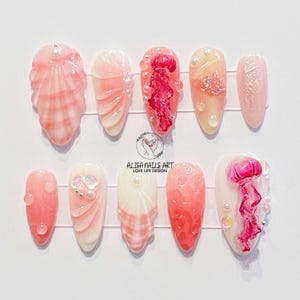 Ongles inspirés de la gelée océan, faux ongles 3D sur le thème de la plage avec coquillages et étoiles de mer, presse à ongles fait main pour une ambiance estivale, cadeaux.