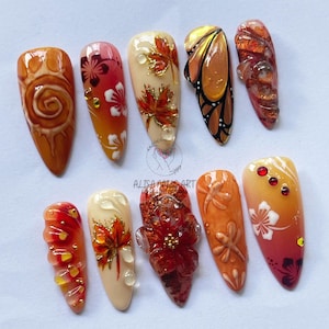 Autumn Press On Nails, Handmade Fall Leaves Nail Art, 3D Maple Long Almond Nail, Orange Ombre Fake Nails, Trendy Nail, Thanksgiving Nail Set