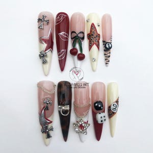 Hand-painted Dice Press On Nails, Long Stiletto Nail Set With Cherry, Billiards, Cheetah Print, Air Brush Fake Nail, Birthday Party Nail Set