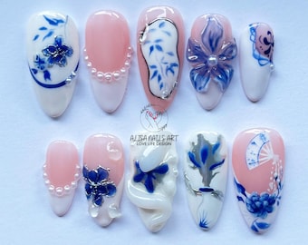 Unique Chinese Porcelain Press On Nails, Blue Porcelain and Sculptured Snake Nail Set, Asian-Inspired Nail Art, Trendy China Floral Nails.