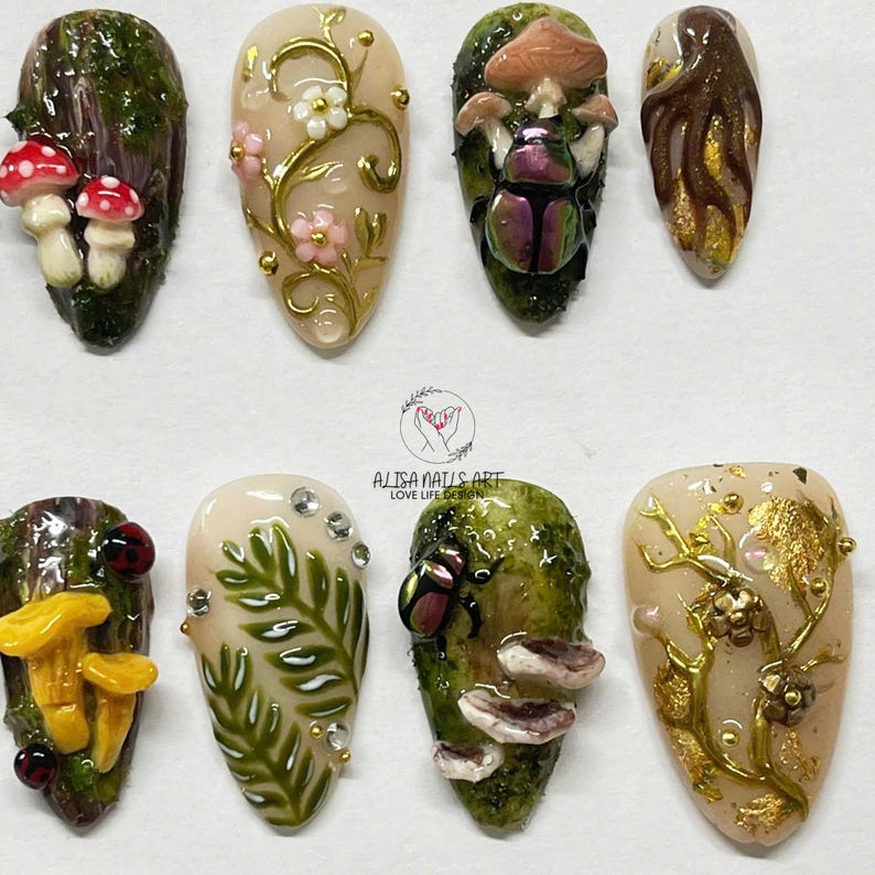 cottagecore nails, forest press ons, mushroom nails, butterfly nails, fairy press on nails, 3D press on nails, woodland nails, nature nail art, garden nails, handmade nails, statement nails, botanical nails, fantasy nails