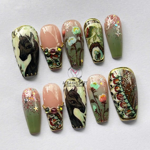Year of the Horse 2026 Press On Nails, Handmade Boho Floral & Horse Art Nails, New Year Nail Set, Elegant Spring Fake Nails Gift for Women.