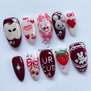 Kawaii-Inspired Press-On Nails with 3D Bunny, Apple, Strawberry, Cherries, Cute Nails, Miffy Nails, Valentine Nails, Aesthetic Gift for her.