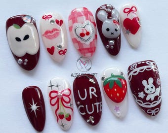 Kawaii-Inspired Press-On Nails with 3D Bunny, Apple, Strawberry, Cherries, Cute Nails, Miffy Nails, Valentine Nails, Aesthetic Gift for her.