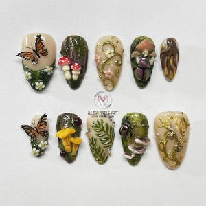 cottagecore nails, forest press ons, mushroom nails, butterfly nails, fairy press on nails, 3D press on nails, woodland nails, nature nail art, garden nails, handmade nails, statement nails, botanical nails, fantasy nails