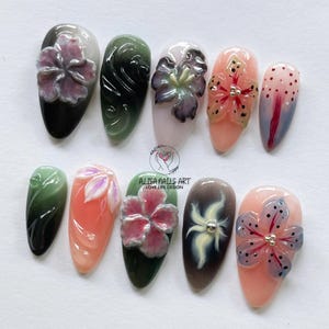 Hand-Painted 3D Floral Press On Nails, Spring Flower Nail Art, Custom Blossom Design, Reusable Gel Nails, Summer Nails, Gift for Her.