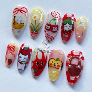 Pikmin Inspired Handmade Press-On Nails, Cartoon Nails, Trendy Nail Art, Whimscal Nails, Fantasy Nails Fruit Nails, Funny Holiday/Party Nail
