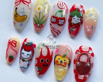 Uñas postizas hechas a mano inspiradas en Pikmin, uñas de dibujos animados, diseños de uñas modernos, uñas caprichosas, uñas de fantasía, uñas de frutas, uñas divertidas para fiestas.