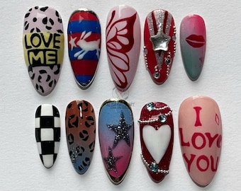 Uñas postizas pintadas a mano con la frase I LOVE YOU, uñas abstractas, diseños de uñas bonitos, uñas divertidas, uñas de estrellas, uñas de guepardo, regalos de uñas para San Valentín