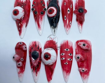 Bleeding Eye Ball Press On Nails, Scream Halloween Nails, Hand-painted Fake Nails for Spooky Halloween Lover, 3D Gel Nails, Glue On Nails.