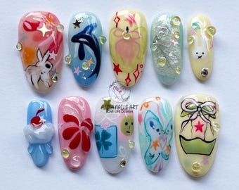 Unique Smiski & Fox Press On Nails, Miffy and Fish Theme Nail Set, Summer Nail, Artistic Nail Design, Cartoon Nail, Custom Fantasy Nail Set.