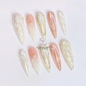 Pretty Bridal Nail Set, Hand-painted Elegant Long Stiletto Press On Nails, Custom Fake Nails, Glue On Nails, Pink Nail Set, Wedding Nails.