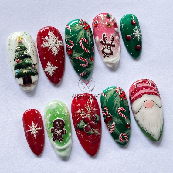 Cute Christmas Press on Nails, Hand Painted Santa, Reindeer, Candy