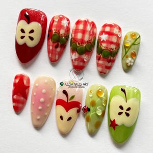 Hand-painted Caterpillar Press On Nails, Cute Fruit Garden Nails, Vibrant Summer Picnic Almond Nail Set, Holiday/Party Nails, Gift for her.