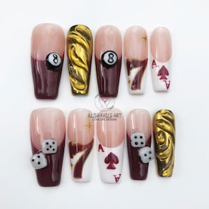 Billiards Lover Press On Nail, 3D Dice, Custom Poker Long Coffin Nail Set, Trendy Billiards Press On, French Tips Nail Art With Numbers 7, 8