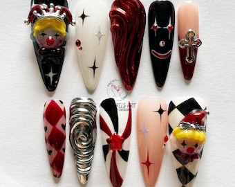 Playful Clown Press On Nails, Whimsical World of Jester Charm with Black & White, Strikring Red, Unique Long Almond Nails, Colorful Nail Art