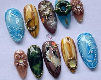 Asian Art Press On Nails, Crane & Dragon Design, Jade Green Nails, Handmade Fake Nails, Luxury 3D Nail Art, Gift for Her, Custom Nail Set