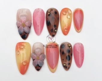 Fall Floral Press On Nails, Brown Nails, Fake Nails, Autumn Press On Nails with Flower, Tortoise Shell, Glue On Nails, Abstract Nails, Gifts