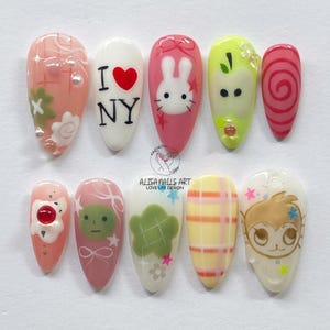 Green Smiski Almond Press On Nails, Cute & Playful Design Nail, Custom Miffy Inspired Design Nail Art, Funny Nails, Fantasy Nails, Cute Nail