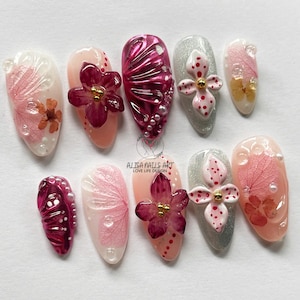 3D Floral Press On Nails, Almond Nail Set with Pink Purple Flower Nail Art & Charms, Elegant Spring Nails, Holiday Nails, Party Nails, Gifts