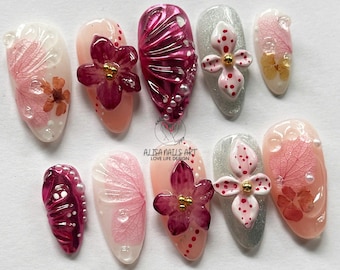 3D Floral Press On Nails, Almond Nail Set with Pink Purple Flower Nail Art & Charms, Elegant Spring Nails, Holiday Nails, Party Nails, Gifts