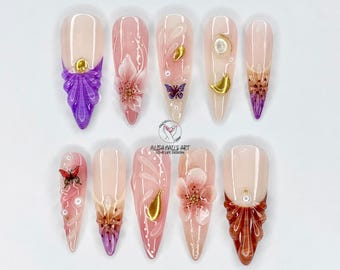 3D Flower With Seashell Hand-painted Nail, Trendy Summer Nails, Fake/False Nails for Holiday Birthday, Vacation, Prom Nails, Press On Nails.