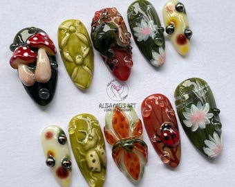 3D Forest Bug Press On Nails, Almond Nails, Handmade Nature Nail Art with Mushroom, Ladybug & Frog Design, Unique Botanical False Nail Set